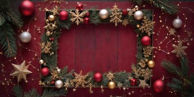 The primary subject of the image is a red wooden frame with a gold and red Christmas wreath hanging on it. The setting is a festive and holiday-themed environment. The visual style is a combination of photo and digital art, creating a realistic yet decorative appearance. The colors and mood of the image are warm and celebratory, with the red and gold colors symbolizing joy and festivity.